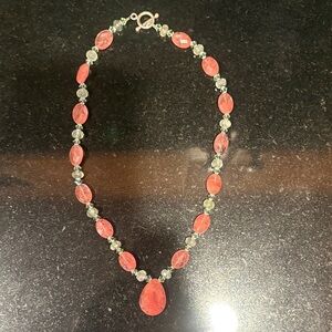 Elegant Salmon Pink quartz and green crystal Necklace